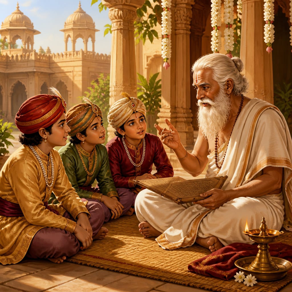 Vishnu Sharma seated on a palm-leaf mat in a palace courtyard, an open palm-leaf manuscript on his lap, teaching three young princes through stories.