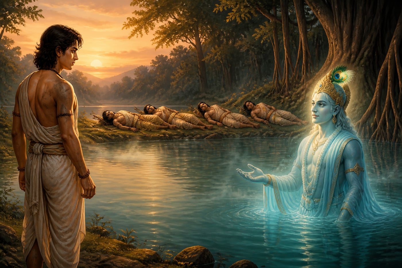 Yudhishthira facing the Yaksha at the forest lake