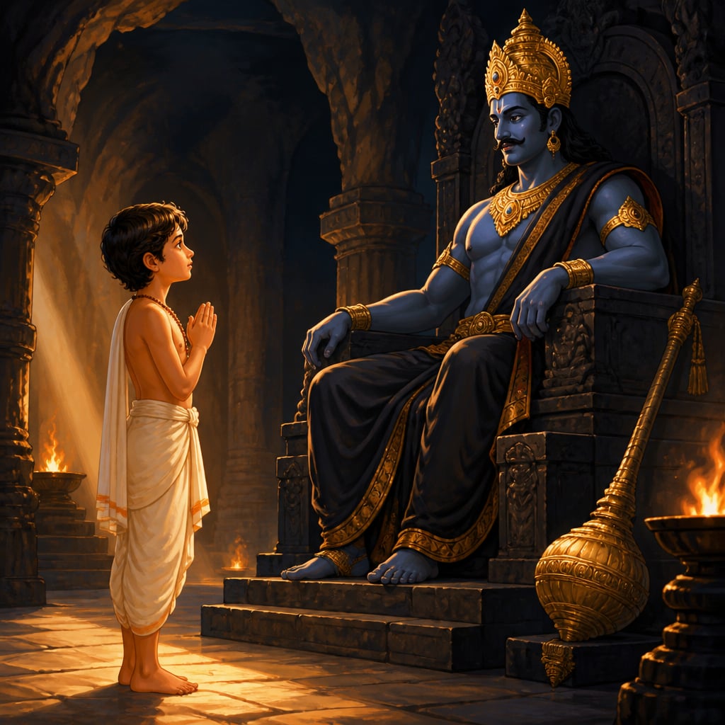 Young Nachiketa standing fearless with folded hands before Yama, lord of death, seated on a high dark stone throne in a vast shadowed realm.