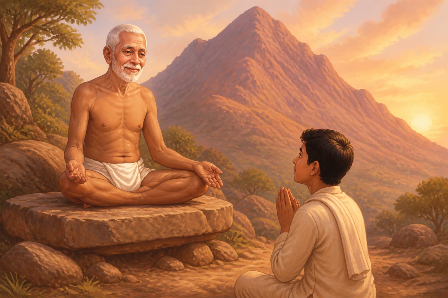 Ramana Maharshi seated at the foot of Arunachala