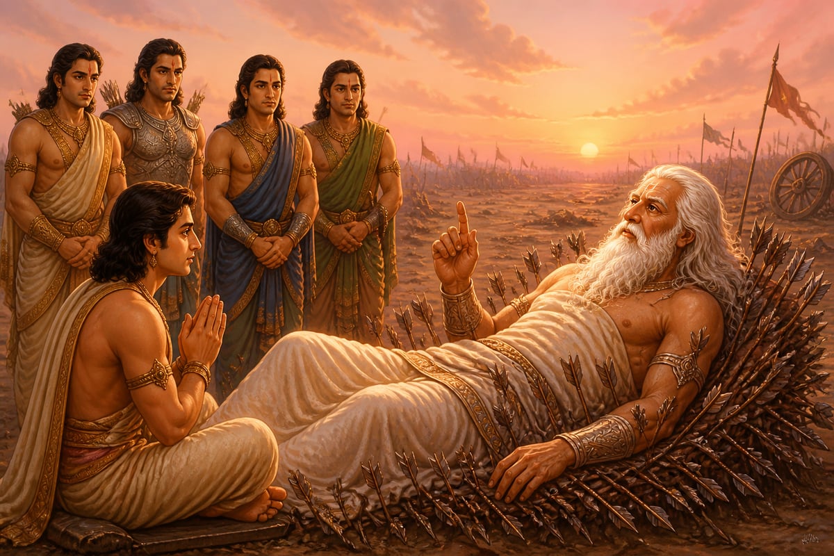Bhishma teaching Yudhishthira from the bed of arrows