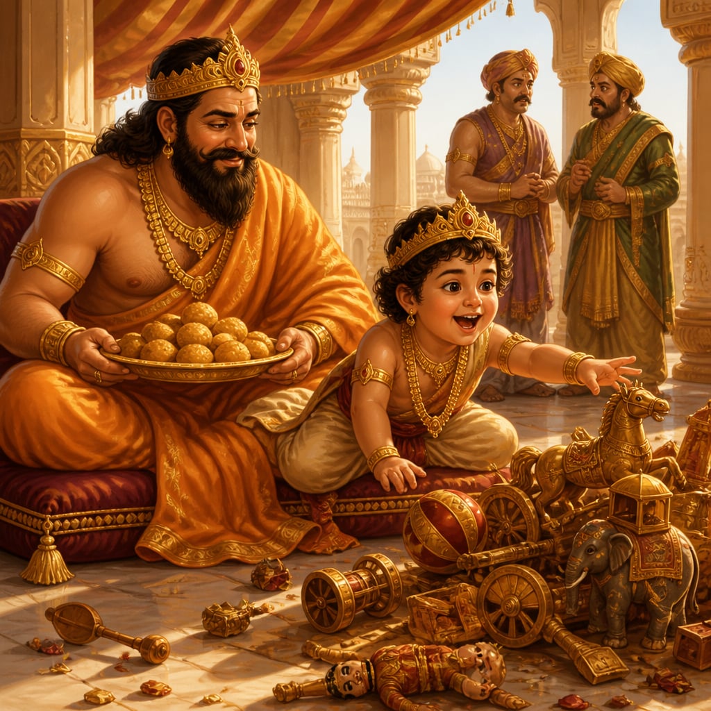King Brihadratha indulging young Prince Jarasandha with sweets and toys in the palace.