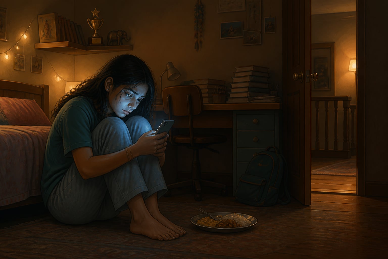 A modern teenage girl alone with her phone at night
