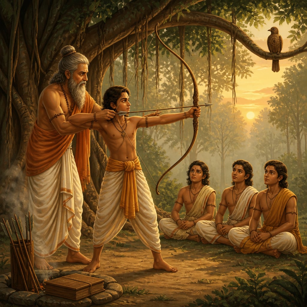 Acharya Drona teaching young Pandava archers under a great banyan at dawn.