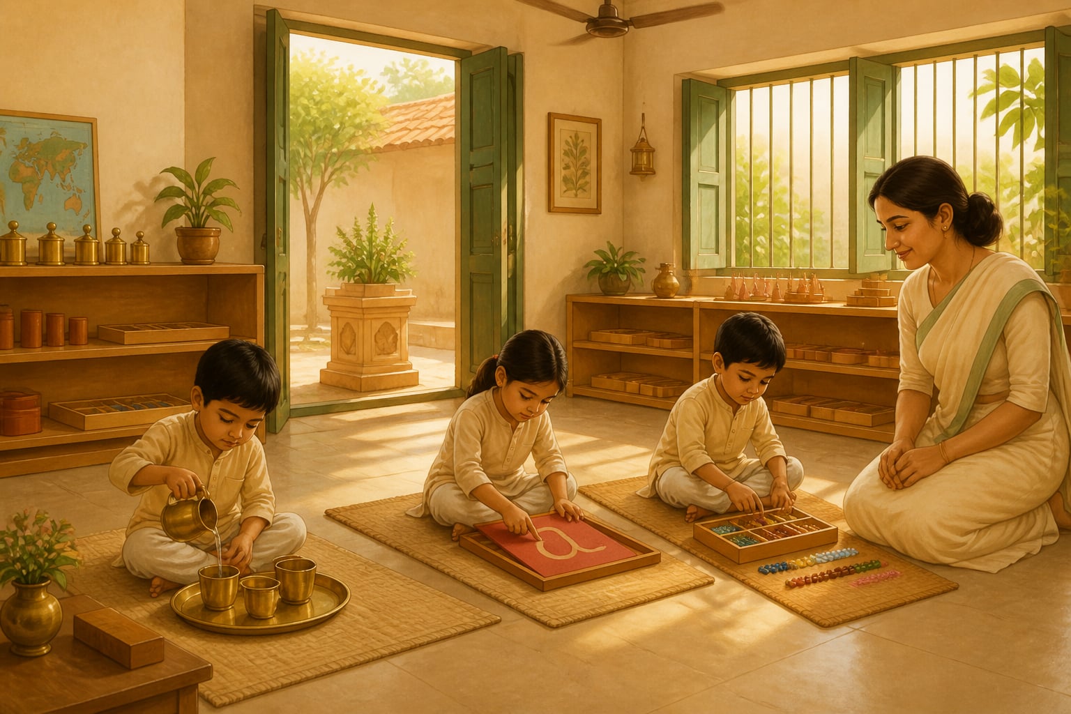 An Indian Montessori classroom with children at their work mats