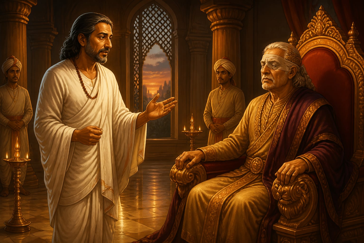 Vidura counseling king Dhritarashtra in the royal court