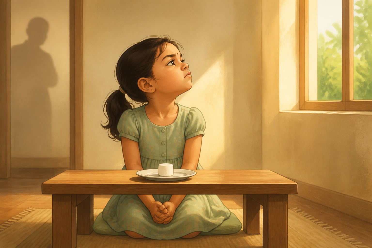 A small girl resisting a marshmallow on a table