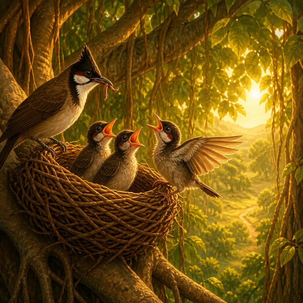 A mother bulbul perched at the rim of her nest with three fledglings in a banyan tree.