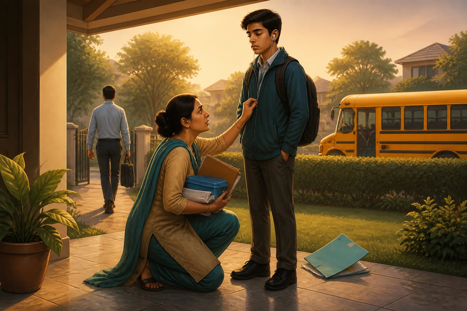 An anxious mother packing a passive teenage son for school