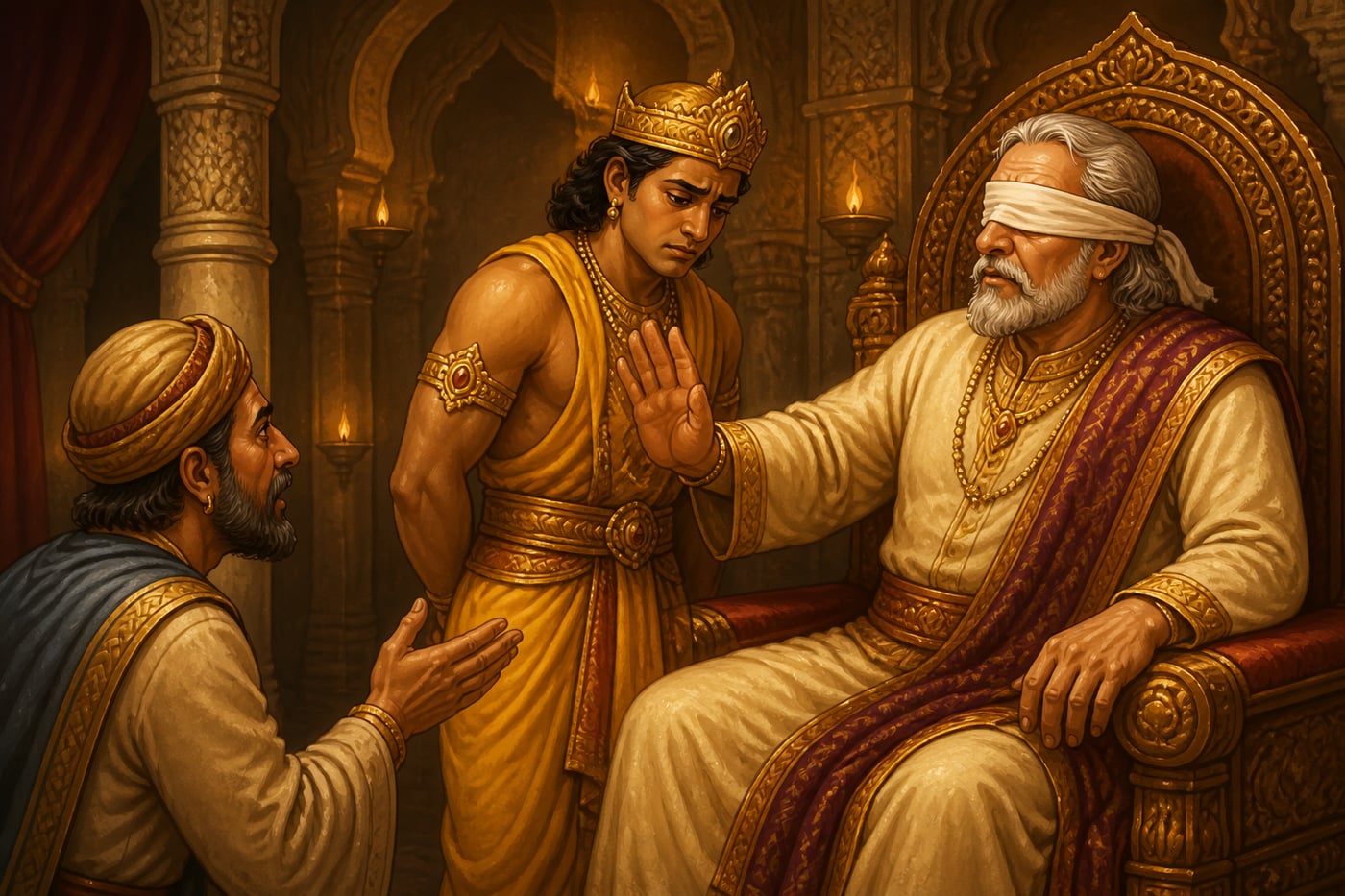 Dhritarashtra shielding young Duryodhana on the throne