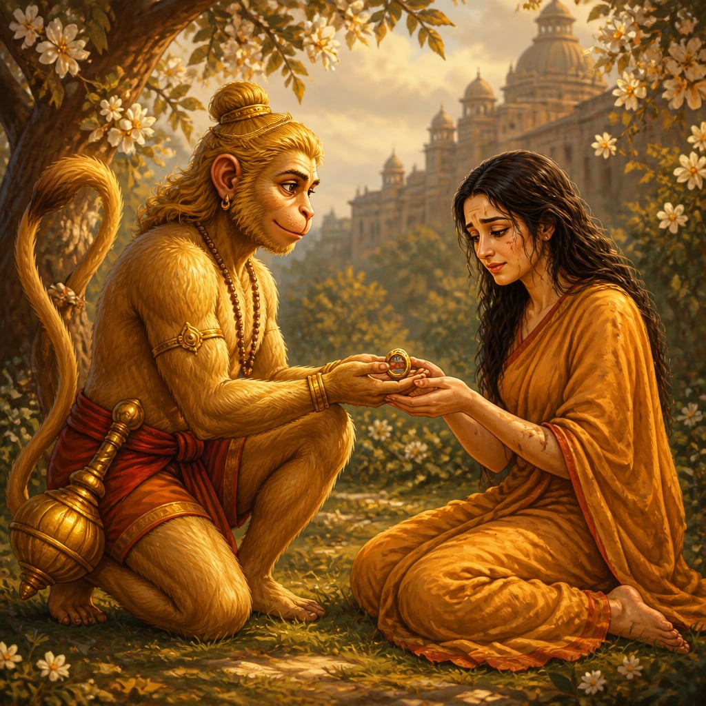 Hanuman offers Rama's signet ring to Sita in the Ashoka grove of Lanka.