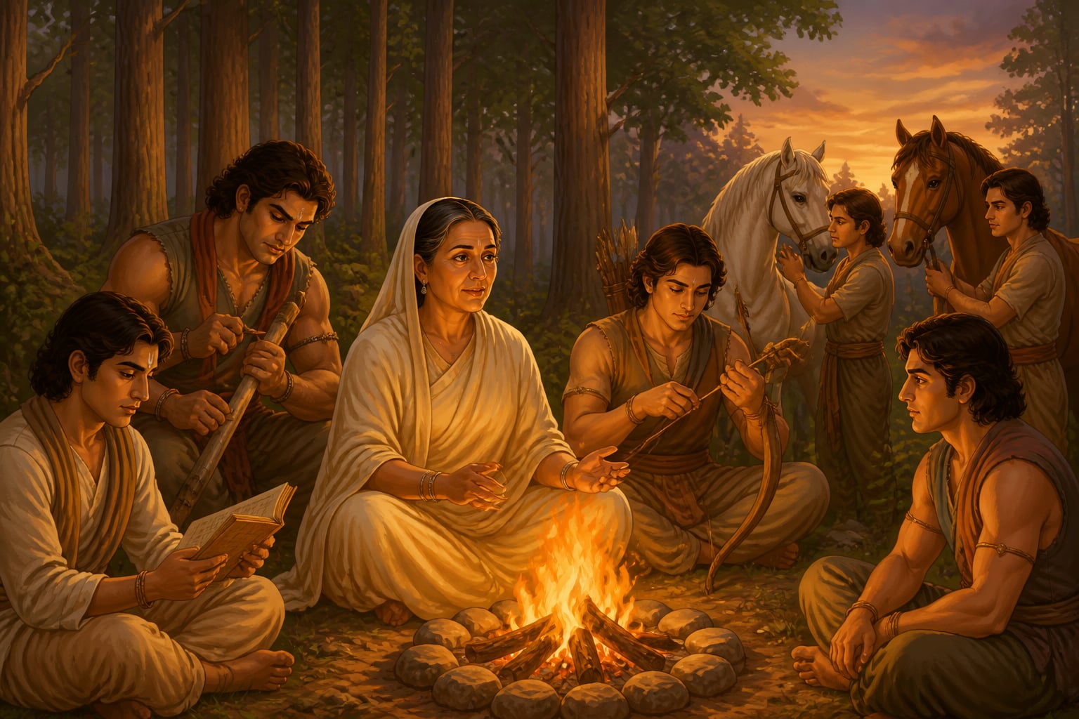 Kunti with the Pandavas around a forest fire