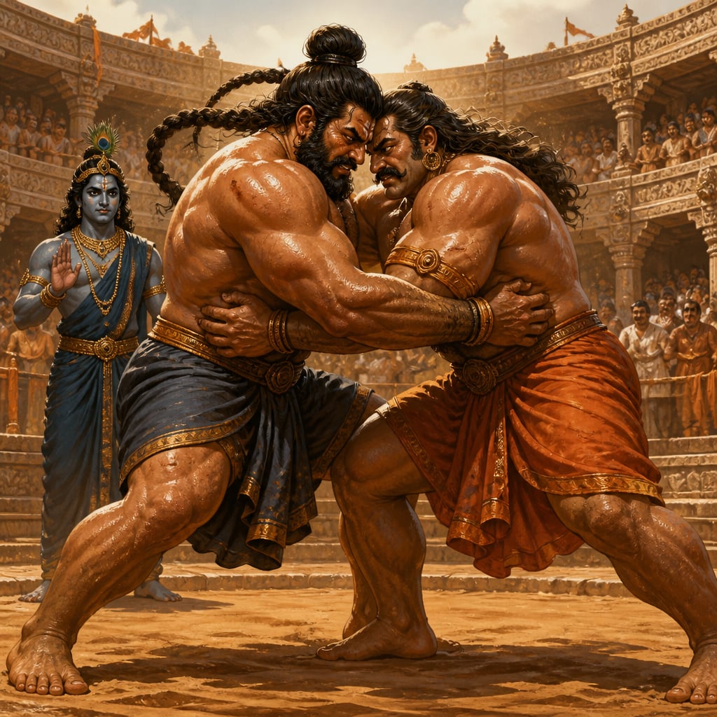 Bhima wrestles Jarasandha in a marathon duel and is thrown to the ground.