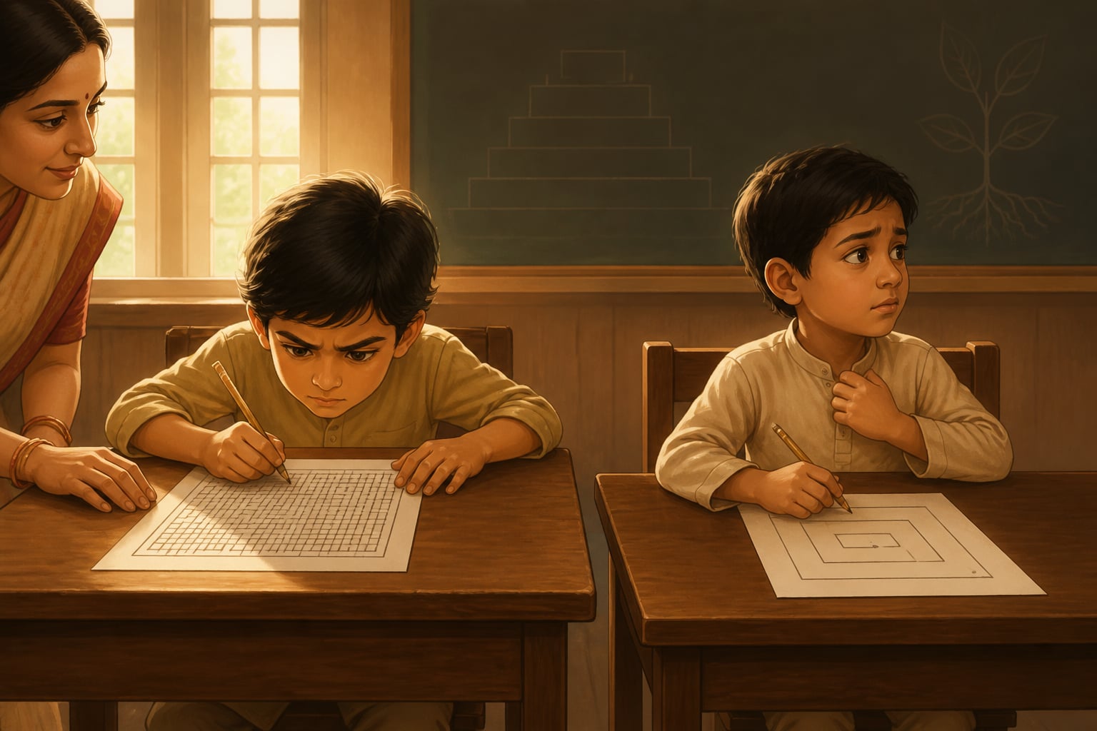 Two children choosing easy or hard tasks