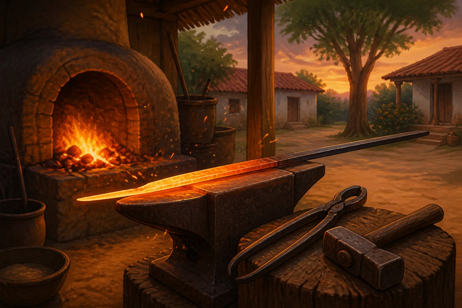 A blacksmith's forge shaping iron at dusk