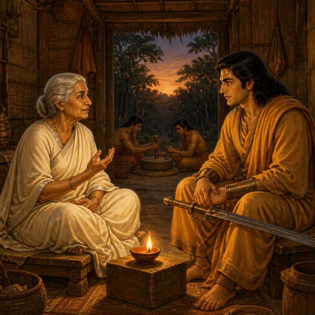 Kunti seated in an exile forest hut quietly counseling her eldest son Yudhishthira by lamplight.