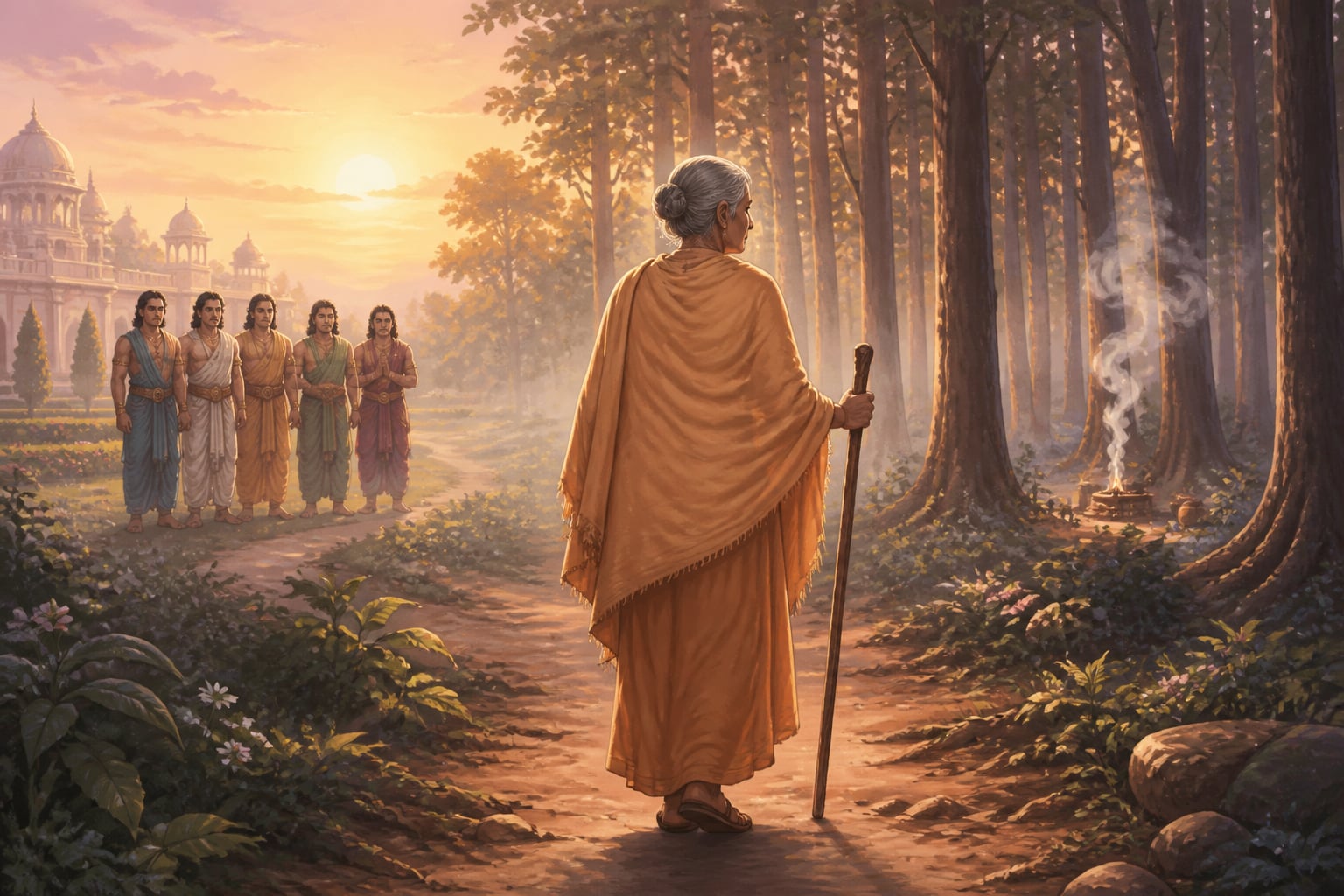 Kunti walking into the forest at dawn as her sons watch
