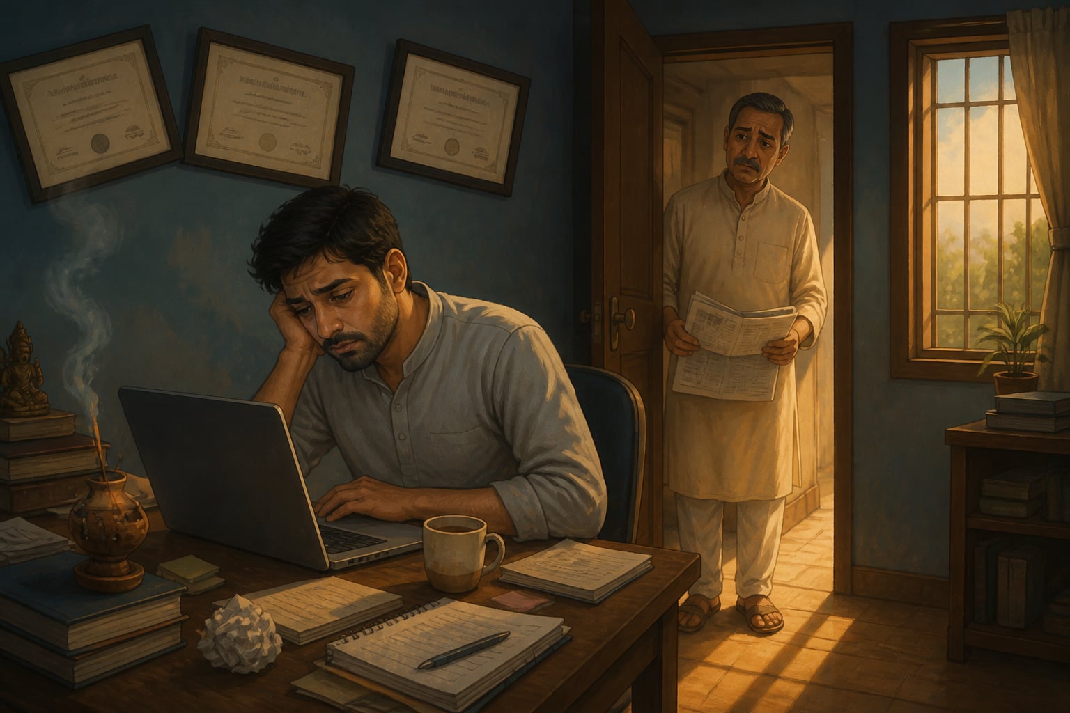 Akhil at a cluttered desk beneath three master's degree certificates