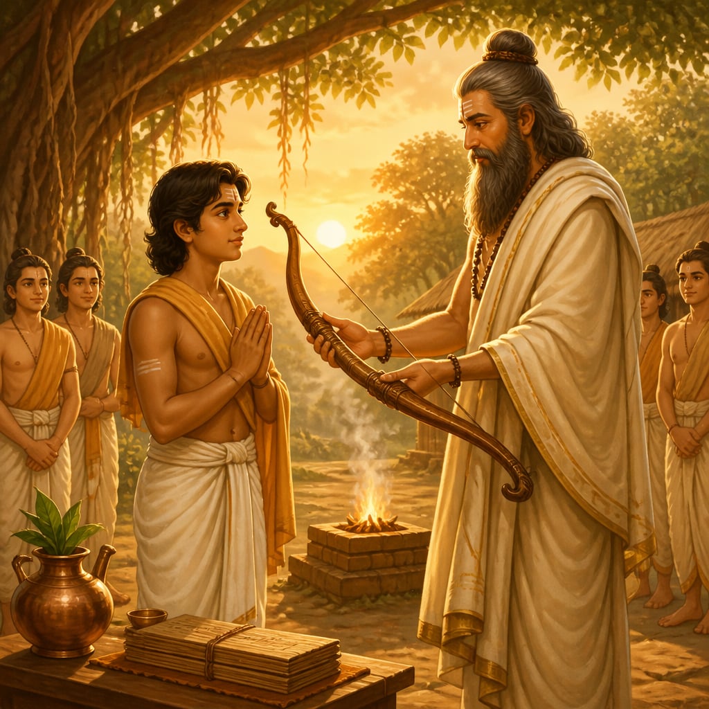 Drona at sunrise handing a great wooden bow to Arjuna as a parting blessing at Samavartana.