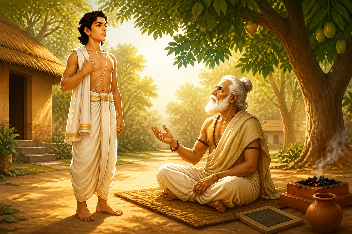 Shvetaketu standing before his father Uddalaka in the courtyard