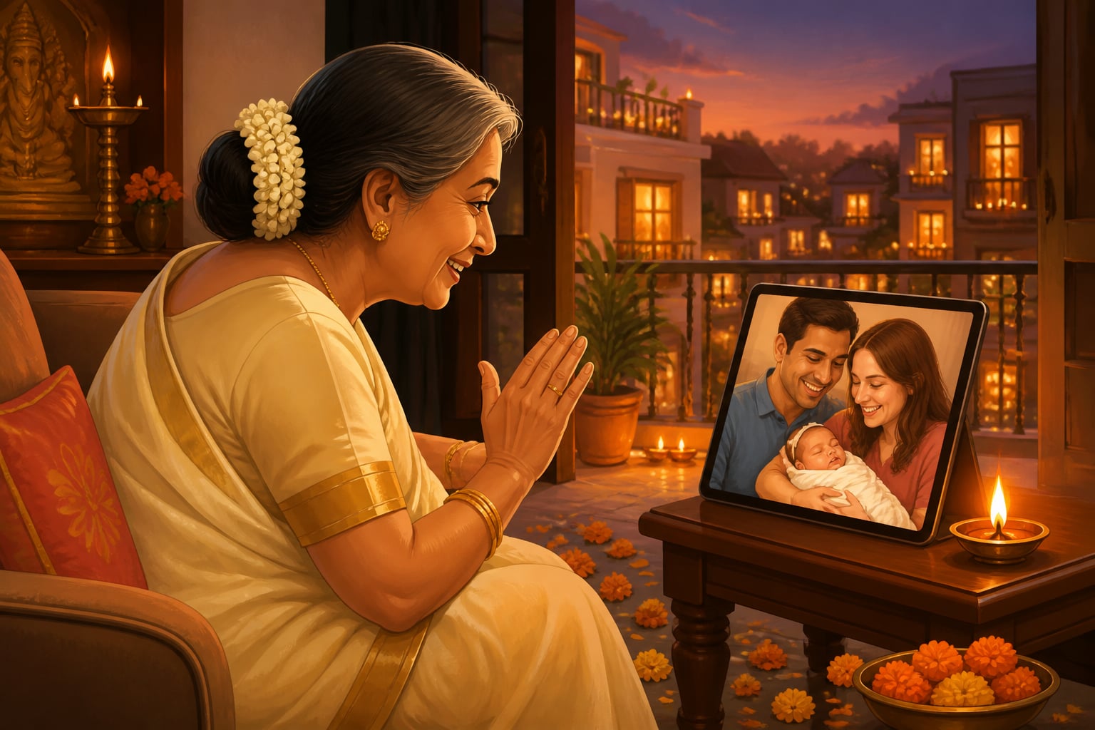Grandmother seeing her newborn granddaughter on a video call