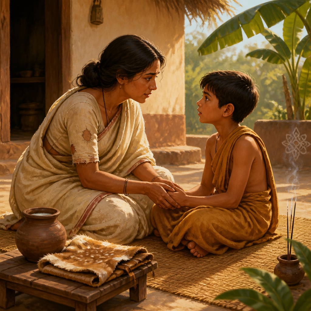 Jabala kneeling in a sunlit courtyard tenderly telling young Satyakama the truth of his lineage.