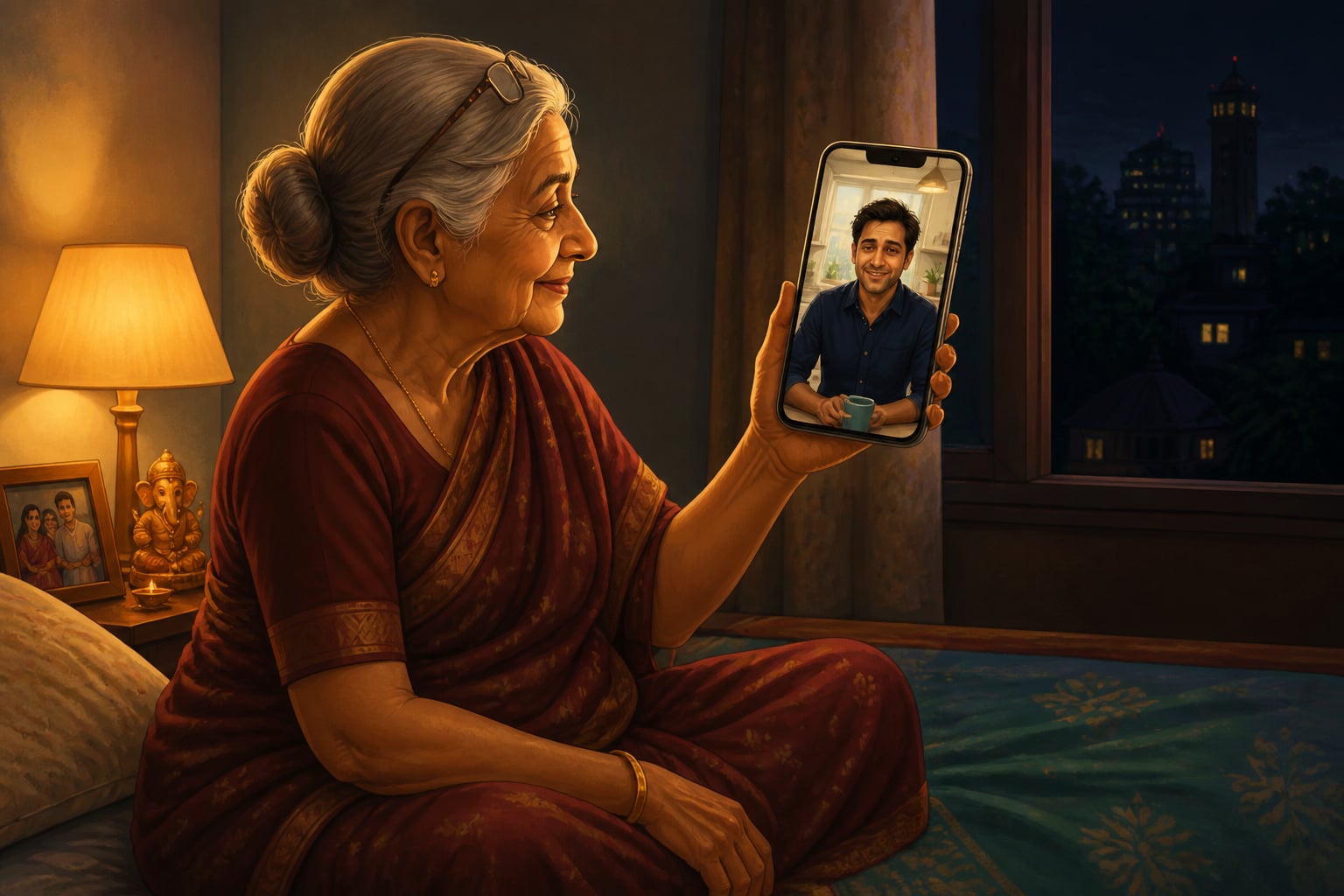 Mother on a 3 AM video call with her son in Seattle
