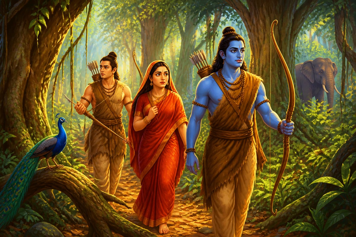 Rama leads Sita and Lakshmana along a narrow trail deep in the Dandaka forest