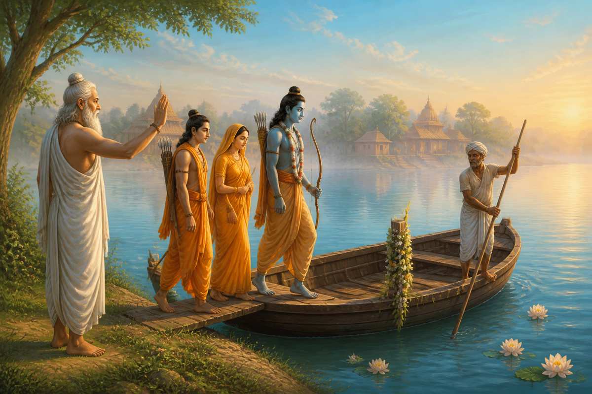 Rama, Sita, and Lakshmana crossing the Ganga at Prayaga