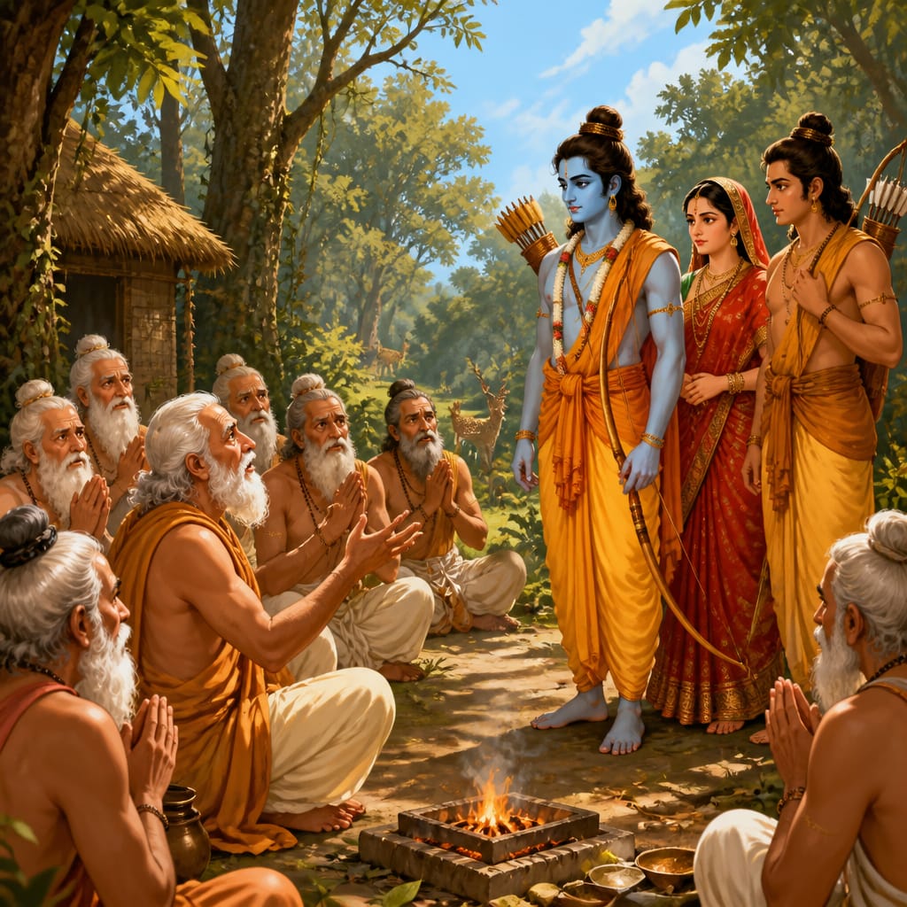 Forest sages pleading with Rama in their ashram clearing as he listens with bow at his side.