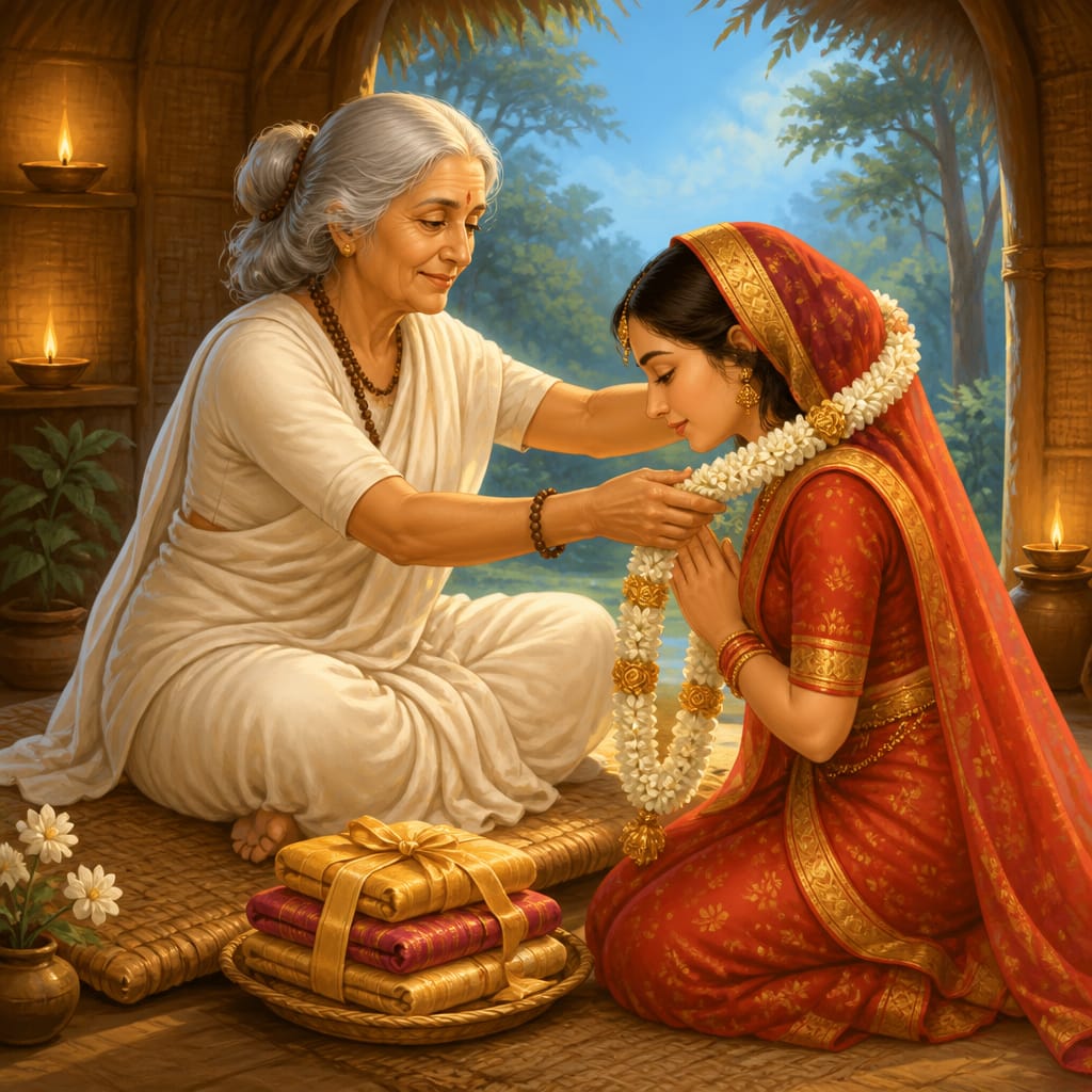Anasuya placing a celestial garland around kneeling Sita in her forest hermitage.