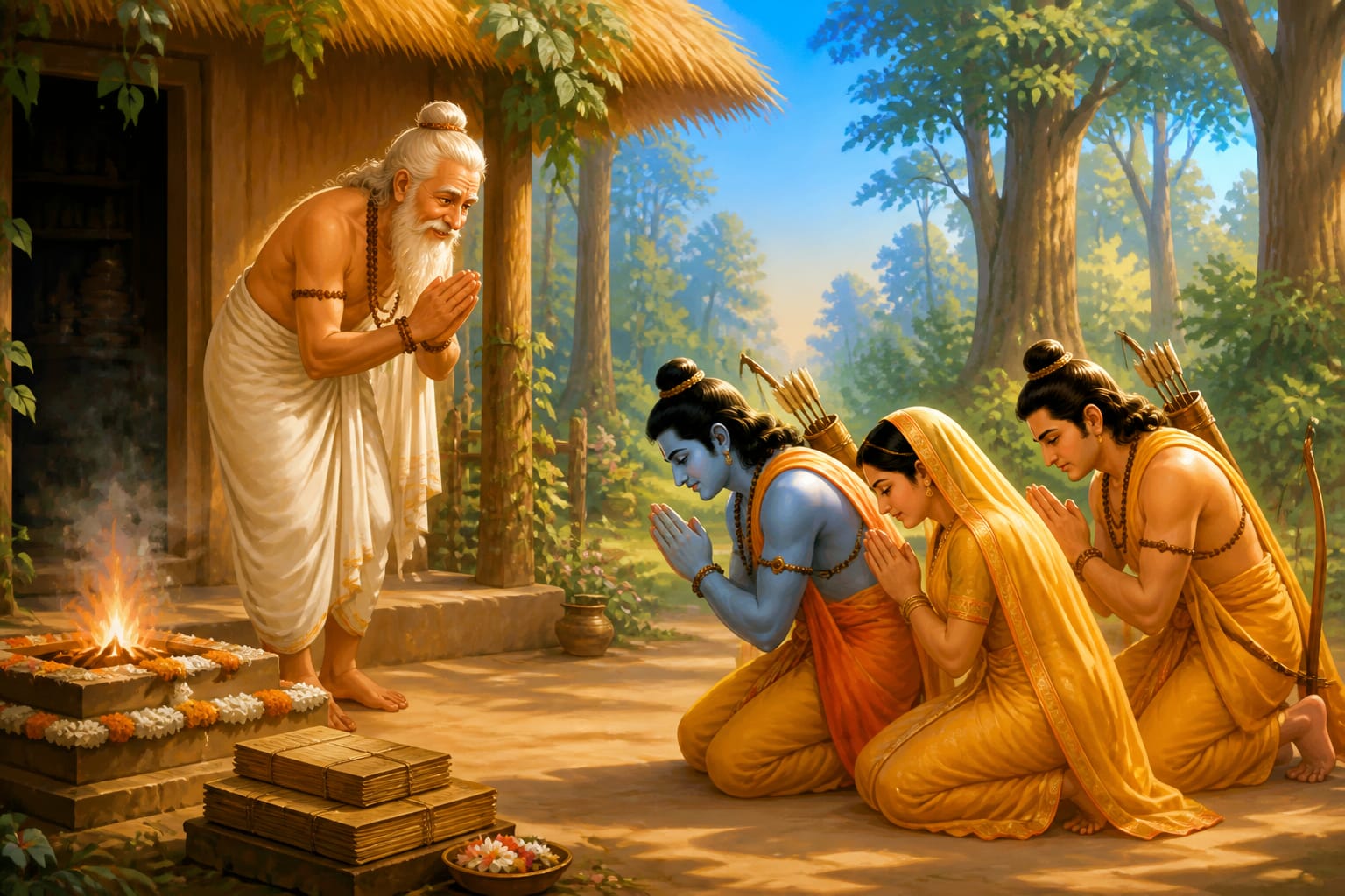 Atri Maharshi welcoming Rama, Sita, and Lakshmana