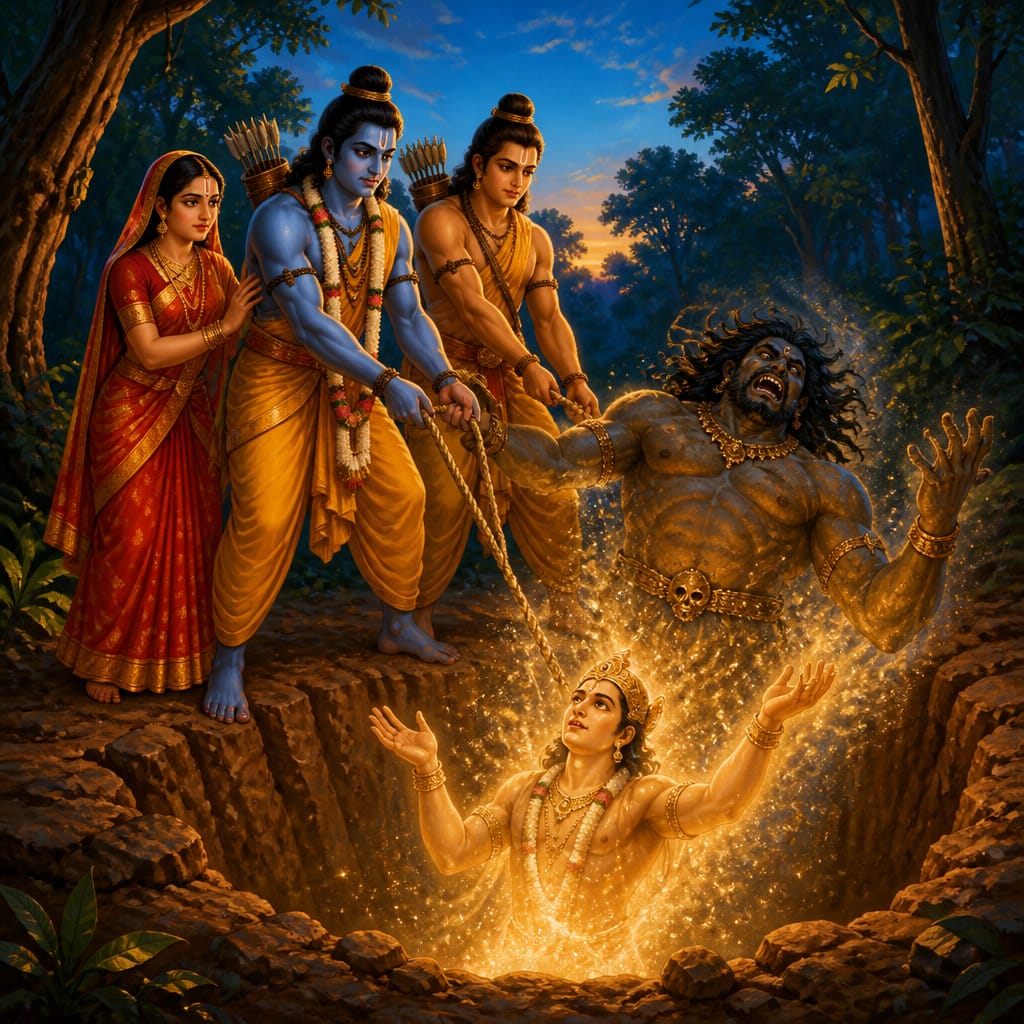 The radiant gandharva Tumburu rising in golden light from the pit as Viradha's demonic form dissolves.