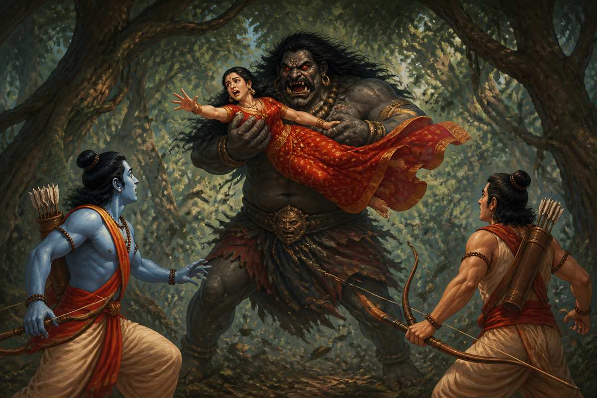 Viradha seizing Sita in the Dandaka forest