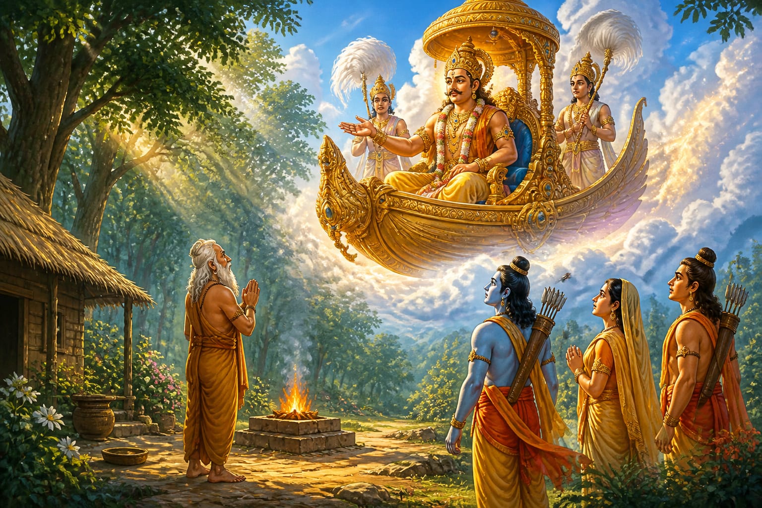 Indra in his vimana visiting Sharabhanga's ashram