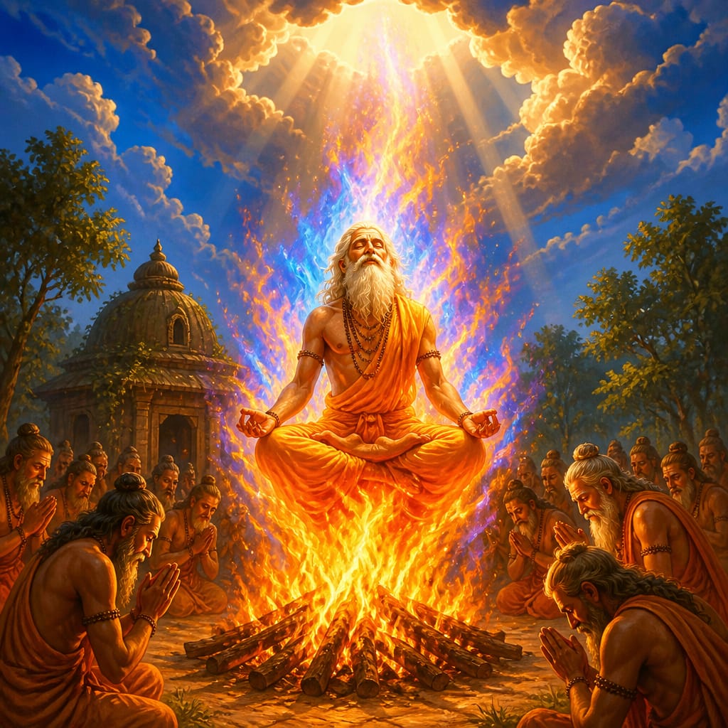 The aged sage Sharabhanga ascending in flames toward Brahmaloka as rishis bow around the fire.