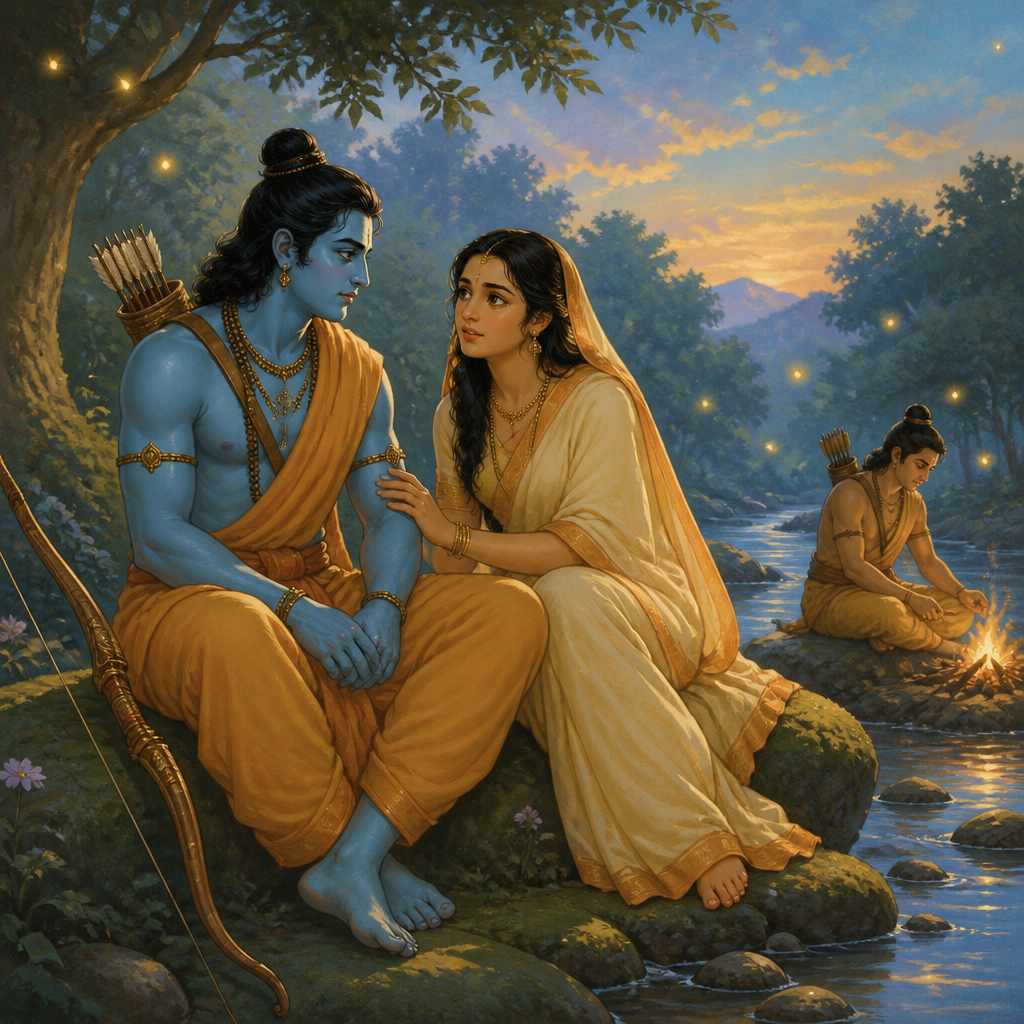 Sita beside Rama on a rock at the edge of a forest stream, counseling him at evening.