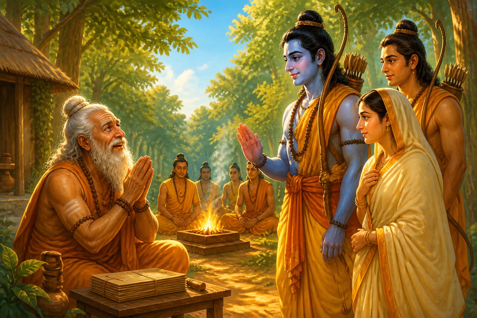 Suteekshna welcoming Rama, Sita, and Lakshmana