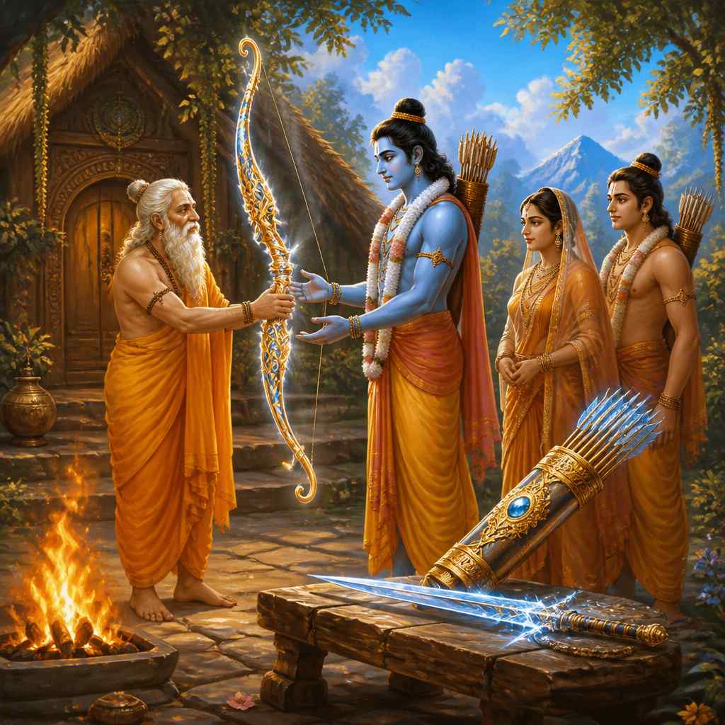 Sage Agastya presenting a celestial bow into Rama's hands with divine quiver and sword on the altar.