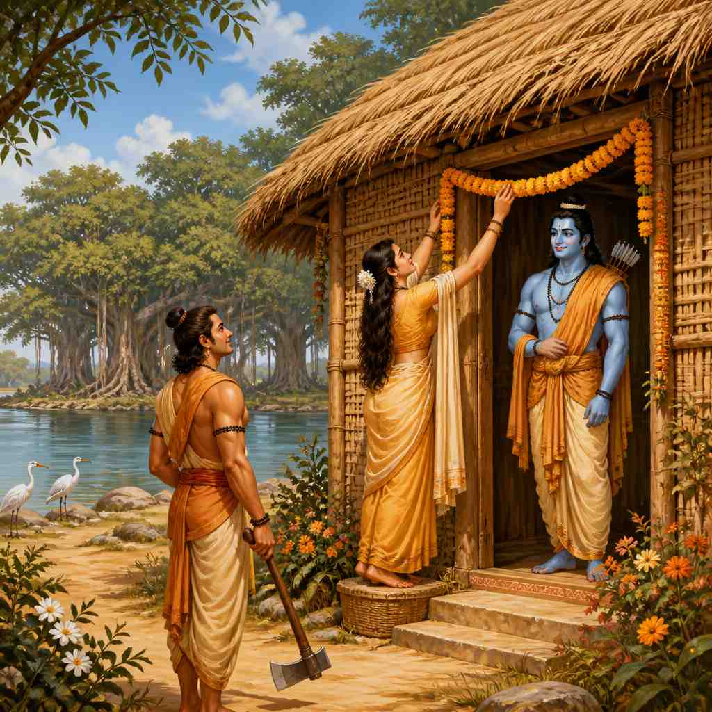 The finished Panchavati hermitage by the Godavari with Lakshmana, Rama, and Sita at its doorway.