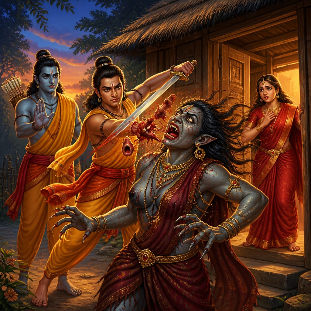 Lakshmana cutting off Shurpanakha's nose and ears at the Panchavati threshold as her true demonic form bursts through.