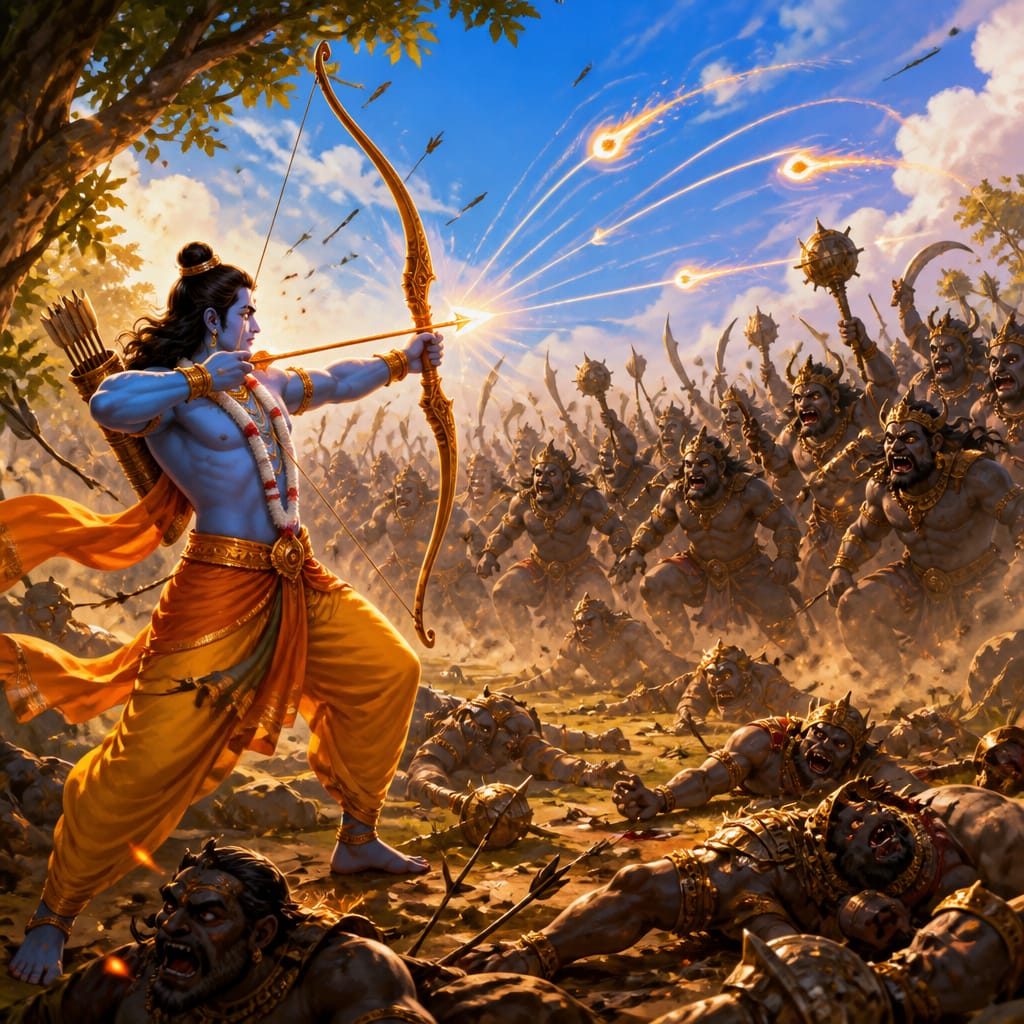 Rama alone in a forest clearing with bow drawn, celestial astras flying against the charging rakshasa army.
