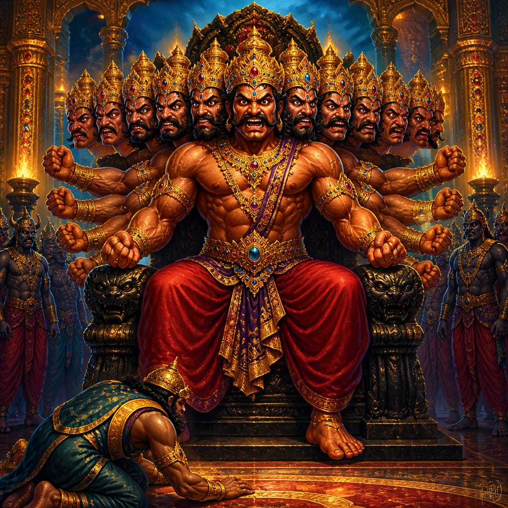 Ten-headed Ravana enraged on his throne of black stone in the golden hall of Lanka.