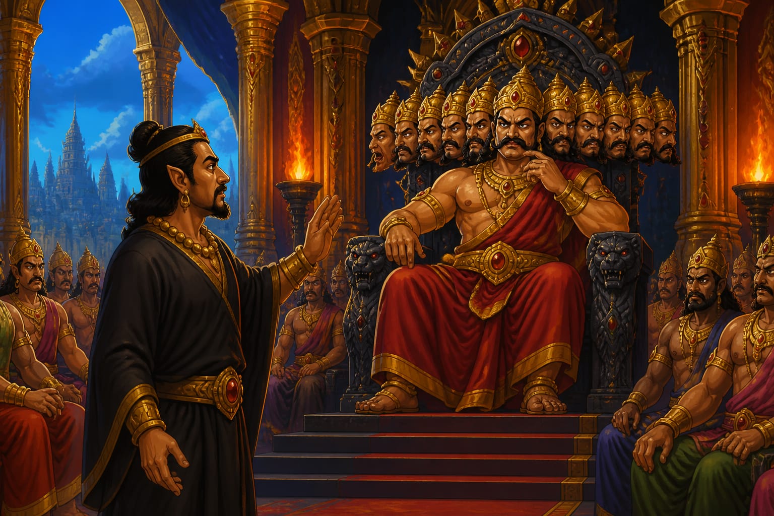 Vibhishana counseling Ravana in the Lanka court