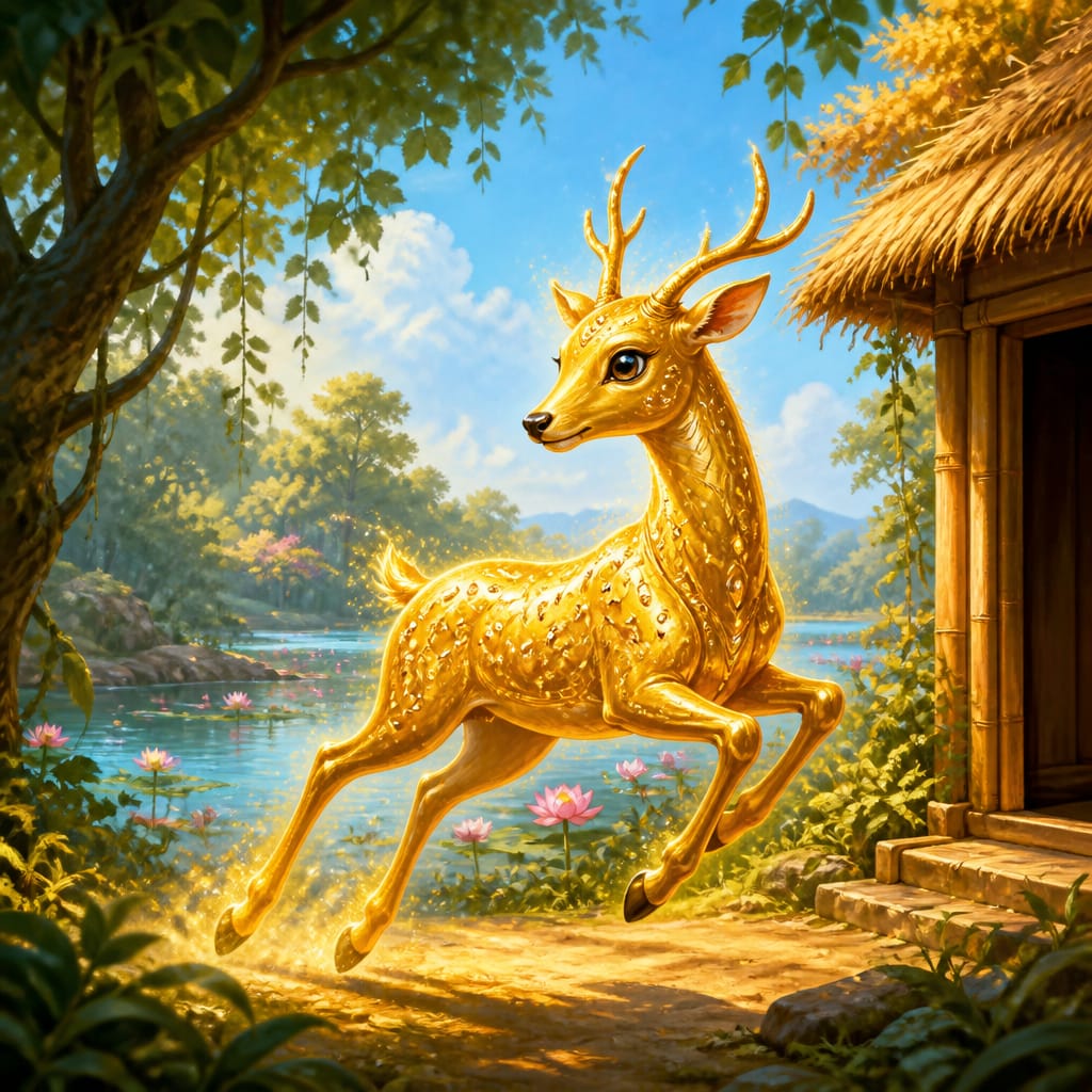 The shimmering golden deer poised at the edge of the Panchavati clearing in morning sunlight.