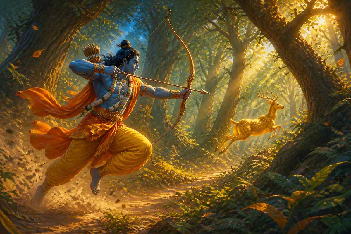 Rama pursuing the golden deer through the forest