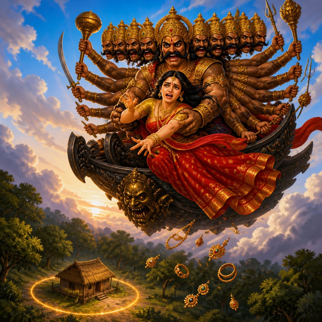 Ravana in his ten-headed form lifting Sita into his black aerial chariot above Panchavati.
