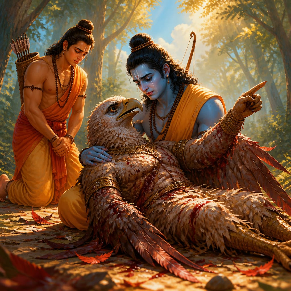 Rama kneeling on the forest floor cradling the broken vulture Jatayu as Lakshmana stands close with bowed head.