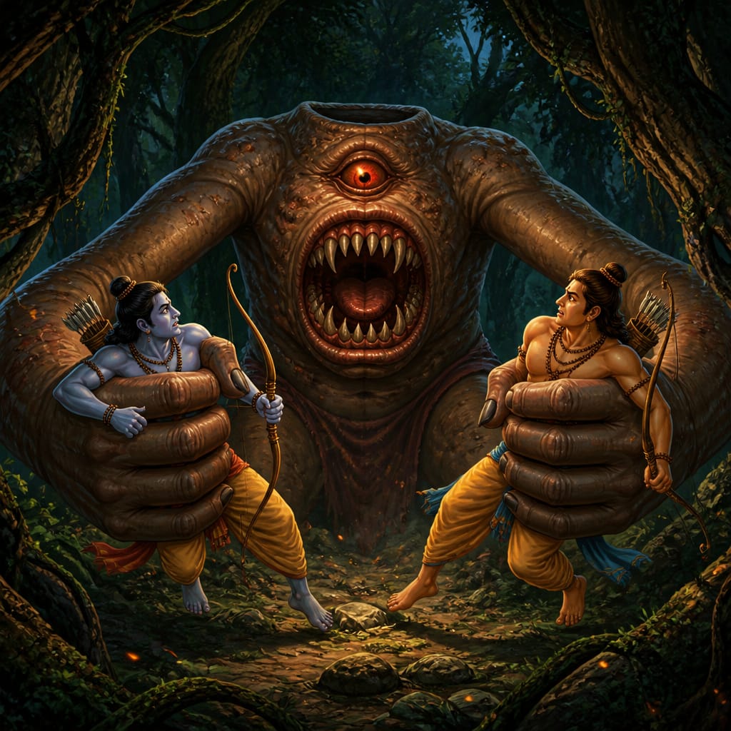 The headless monstrosity Kabandha seizing Rama and Lakshmana with impossibly long arms in the Krauncha forest.