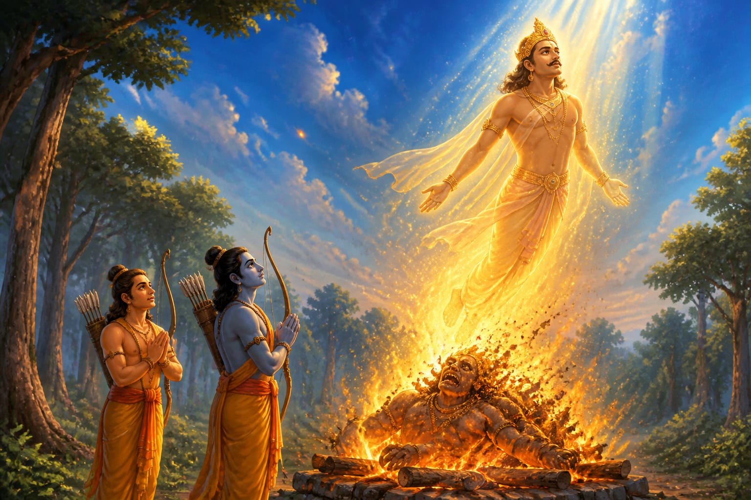 Kabandha's celestial form ascending from the pyre